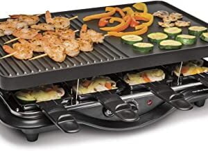 2-in-1 Electric Raclette Table Grill with Non-Stick Plate & Cooking Stone - 8-Person Indoor BBQ for Cheese, Meat, and Veggies, Temperature Control