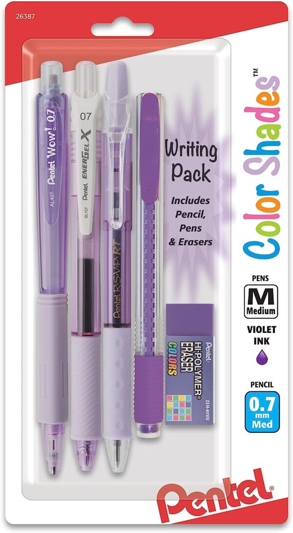 Pentel Color Shades Writing Pack - Pastel Violet Gel Pen, Ballpoint Pen, Mechanical Pencil & Eraser Set