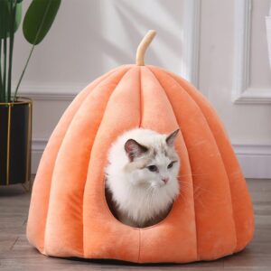 SEAHOME Pumpkin Style Cat Bed - Soft Semi-Closed Cat Cave with Removable Cushion for Indoor Cats and Small to Medium Dogs