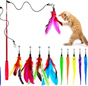 OODOSI Cat Toy Wand – Retractable Cat Feather Toys with Replacement Refills and Bells